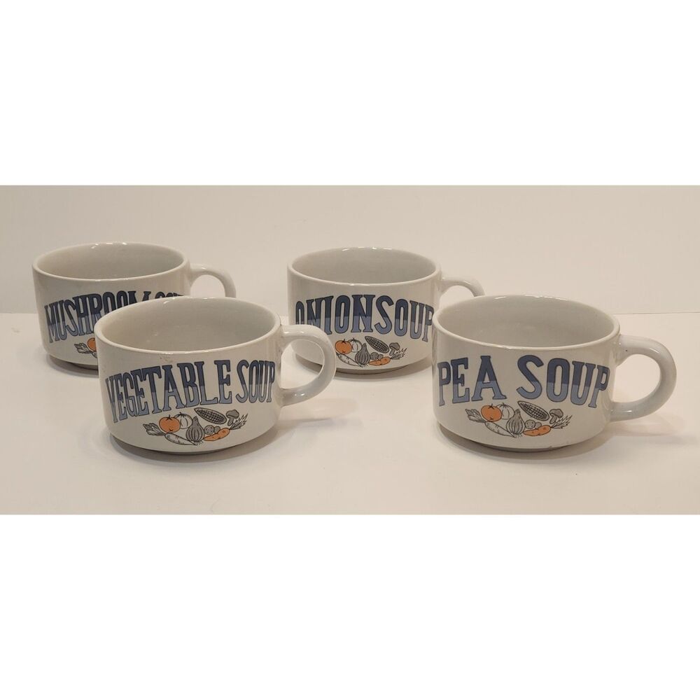 Soup Chili Mugs Set of 4 Mushroom Onion Vegetable Pea Retro Vintage